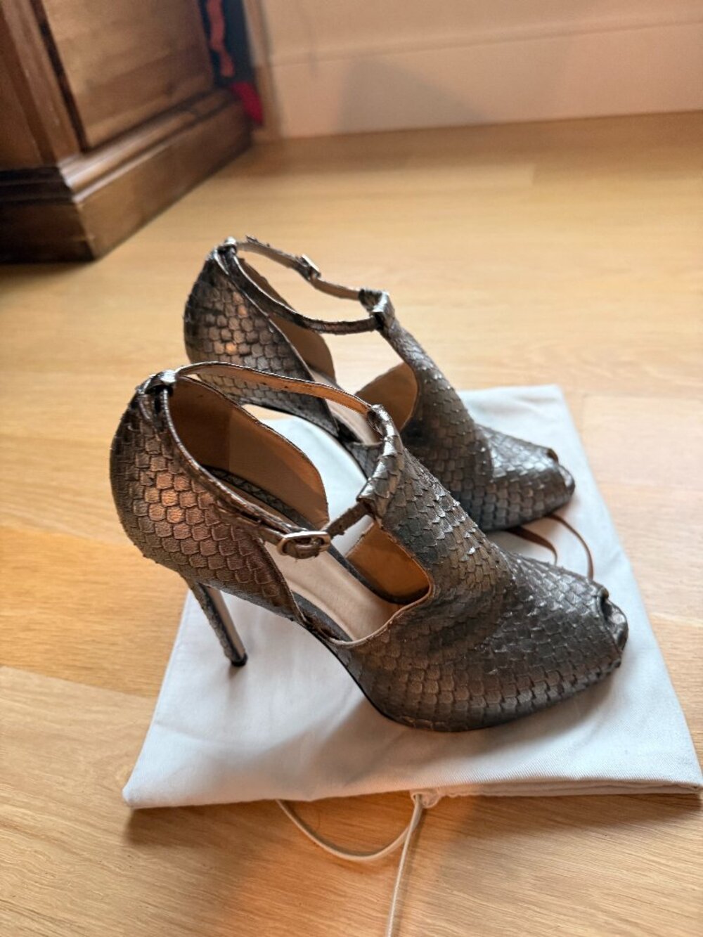 M. Gemi Gun Metal Leather Peep Toe Strappy Heels 40EU